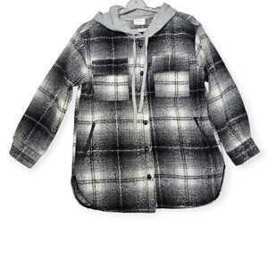 Allie Rose | Plaid Hooded Shirt Jacket | Women's | Small | Black / Gray| Button